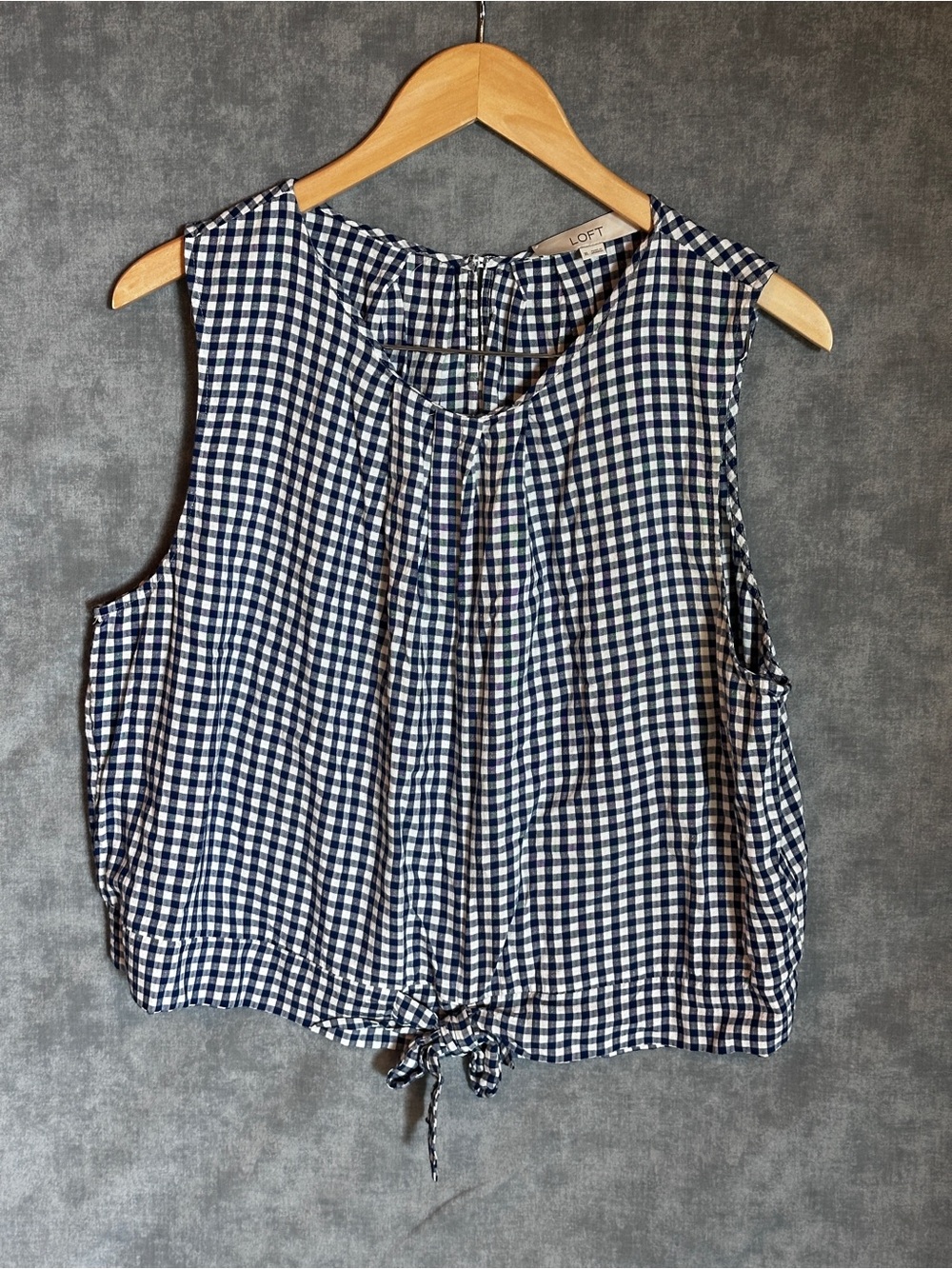 LOFT Navy & White Gingham Tie-Front Sleeveless Blouse Top Size XL